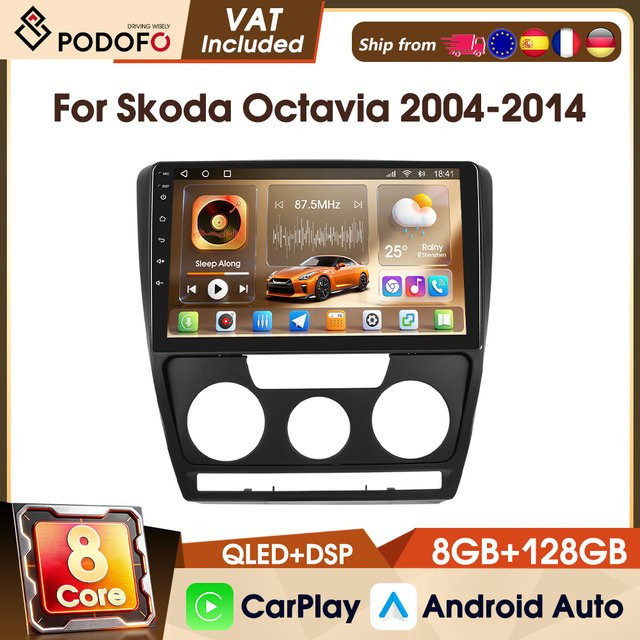 Podofo Autoradio für Skoda Octavia 2004-2014 mit 10,1 Zoll IPS Bildschirm, 8+128GB Speicher, 8-Kern Prozessor, 4G, WLAN, GPS, DAB, AM/FM/RDS, CarPlay und Android Auto in Schwarz - Bild 1