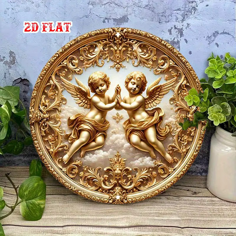 CIFBUY Vintage Engel-Wanddekoration aus Metall in Gold, rundes Aluminiumschild mit floralem Design, Durchmesser: 20 cm - Bild 3