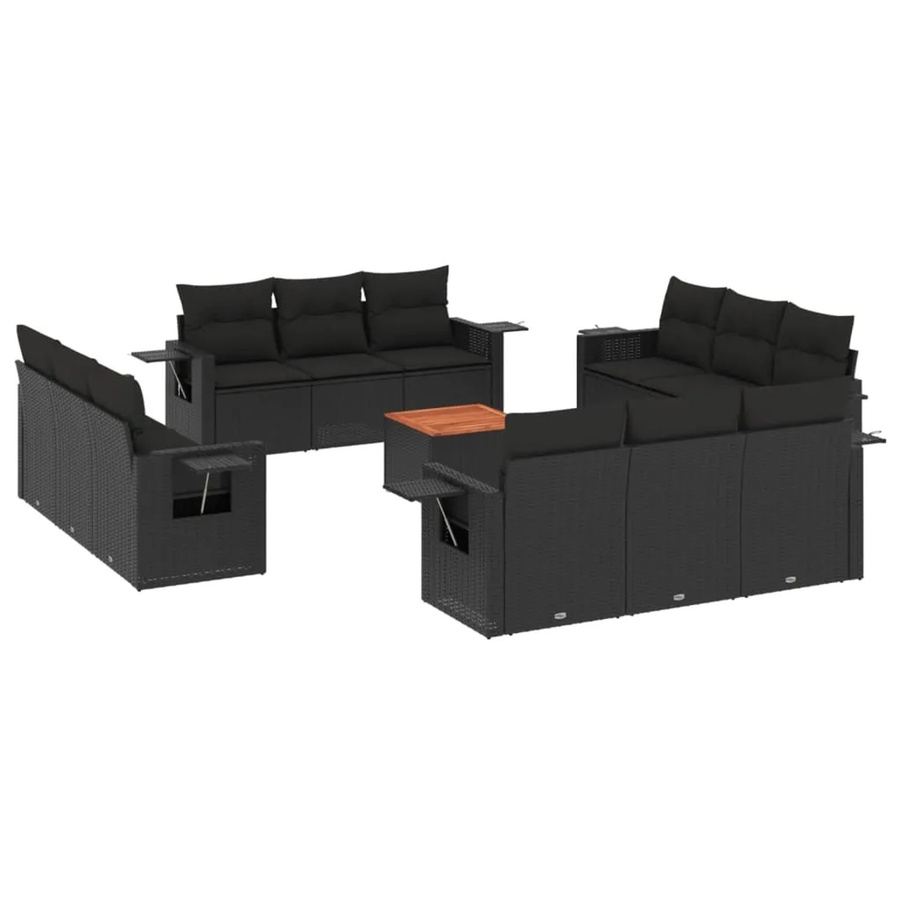 vidaXL 13-tlg. Garten-Sofagarnitur in U-Form aus Polyrattan und Akazienholz mit Kissen, Schwarz - Bild 2