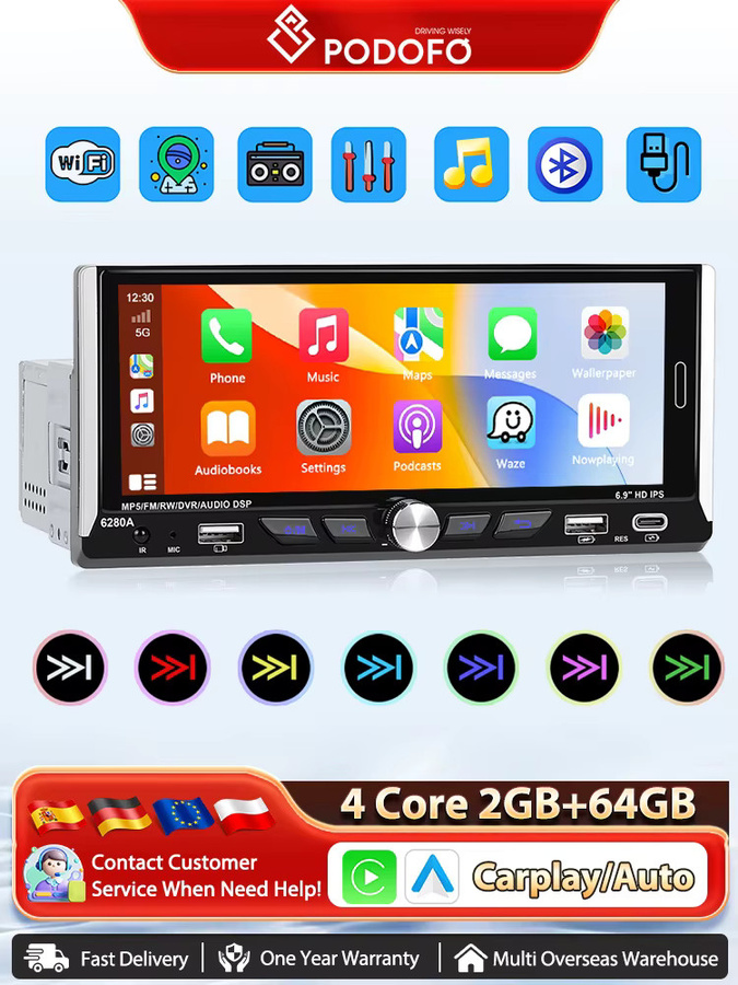 Podofo Android 1 Din Autoradio mit 6,9 Zoll Display, Carplay, Android Auto, GPS Navigation und 64GB Speicher in Schwarz, unterstützt Rückfahrkamera - Bild 6