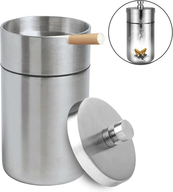 Untior Tragbarer Auto-Aschenbecher aus Edelstahl in Silber mit Deckel, winddichter Mini-Aschenbecher für Auto und Outdoor, B/T/H: 12,0 x 7,2 x 3,0 cm - Bild 1