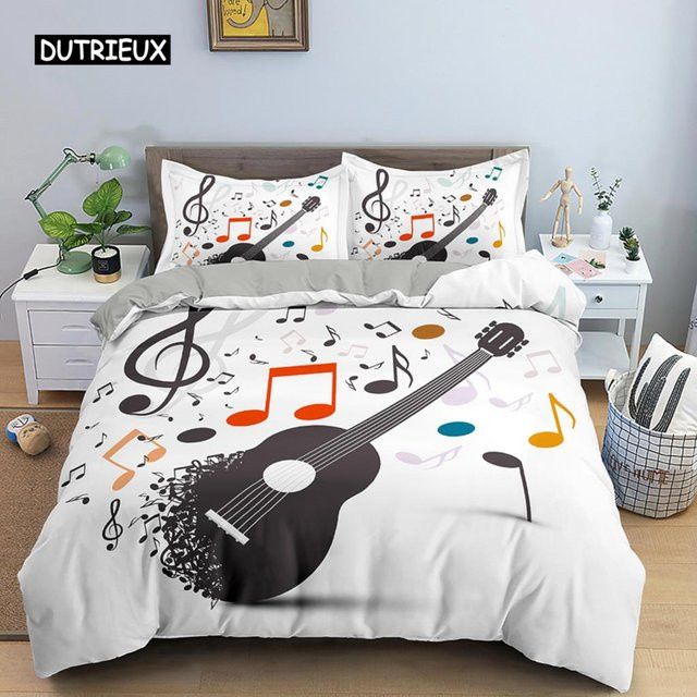 Bettwäscheset mit 3D-Druck Gitarren-Motiv und Musiknoten für Kinder, bestehend aus Bettbezug und Kissenbezug, Farbe: Weiß, Material: Polyester, B/H: 140 x 210 cm - Bild 1