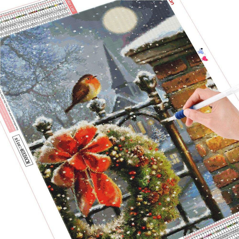 FIYO DIY Diamond Painting Set mit Wintermotiv Vögel und Schneeflocken, Wanddeko als Mosaik-Kunstwerk in Hellblau, B/H: 30 x 20 cm - Bild 2
