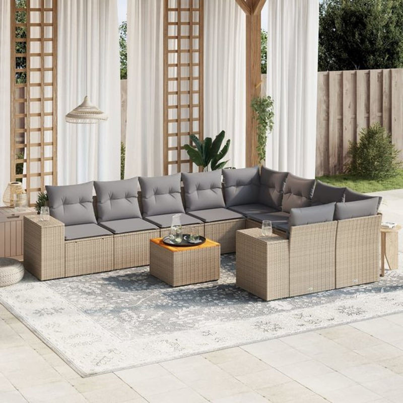 Vidaxl 10-teiliges Gartenmöbel-Set aus Polyrattan und Akazie mit Kissen, Beige - Bild 1