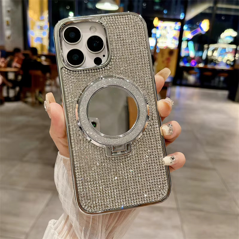 Glitzernde iPhone Schutzhülle mit Strass und Spiegelhalterung in Silber für iPhone 17 Air 16 15 14 13 12 Pro Max Plus von MUQGEW - Bild 1