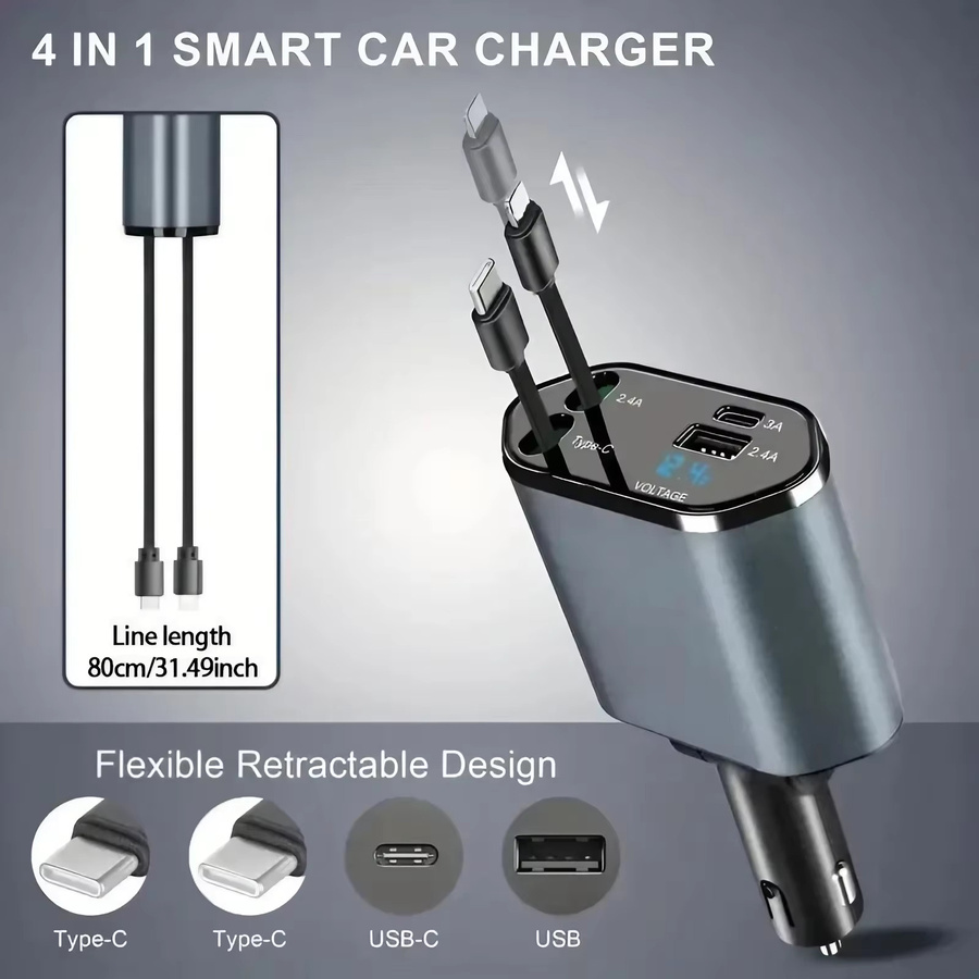 120W Auto Ladegerät mit Teleskop-Kabel und Multifunktions-Adapter, Rot - Bild 2