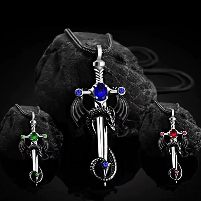 duobeiduo Halskette Drachenschwert-Kreuz-Anhänger, Edelstahl, Zirkonia, Unisex - Bild 1