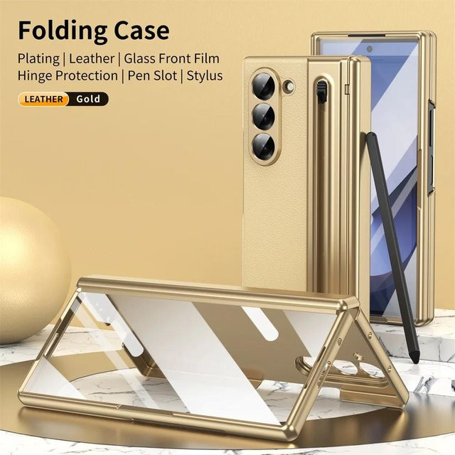 Lederhülle mit Scharnierschutz und elektronischem Stifthalter für Samsung Galaxy Z Fold7 in Gold inklusive Glasfolie - Bild 1