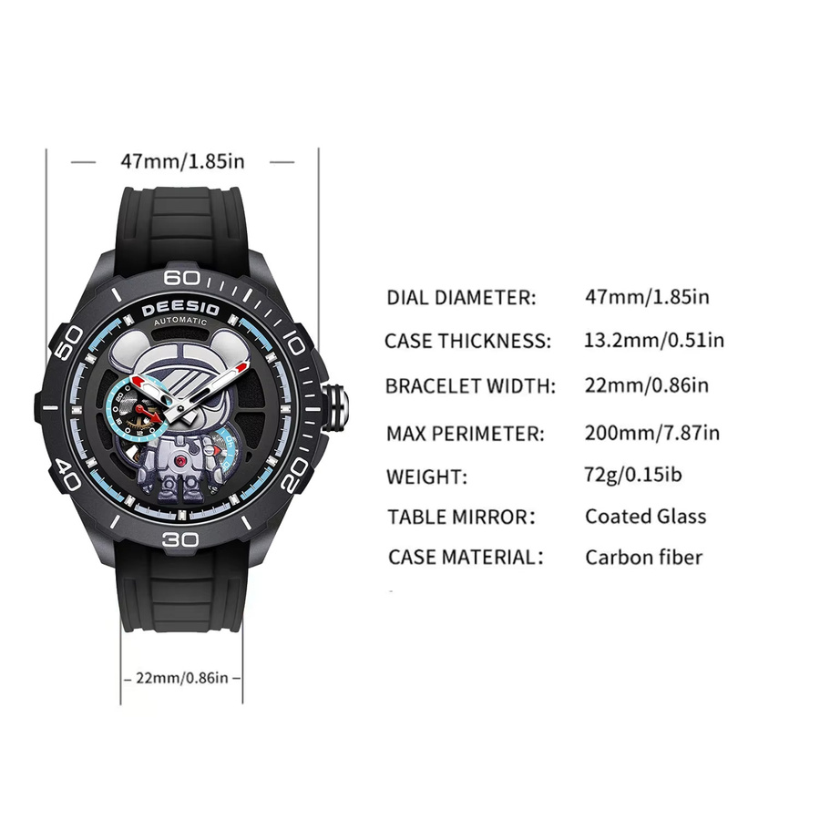 Deesio Armbanduhr Herren, Automatik, Kohlefasergehäuse, Saphirglas, Schwarz - Bild 6