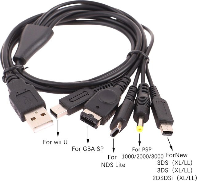 5-in-1 USB Schnellladekabel für Nintendo 3DS XL, NDS Lite, NDSI LL, Wi U und GBA PSP, Schwarz, Länge: 1,2 m - Bild 1