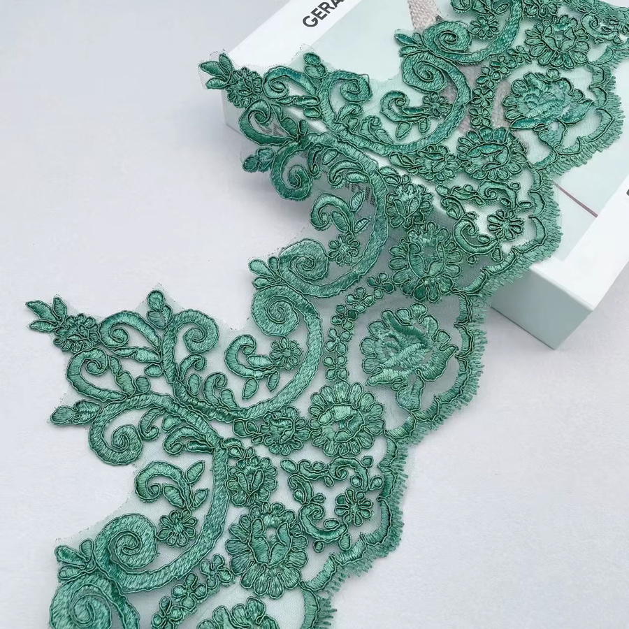 Kordelstoff mit Blumen-Venise-Netzspitze in Marineblau, Grün und Burgunder, 1 Yard, Breite: 22 cm, Applikation zum Nähen und Basteln für Hochzeitsdekorationen - Bild 1