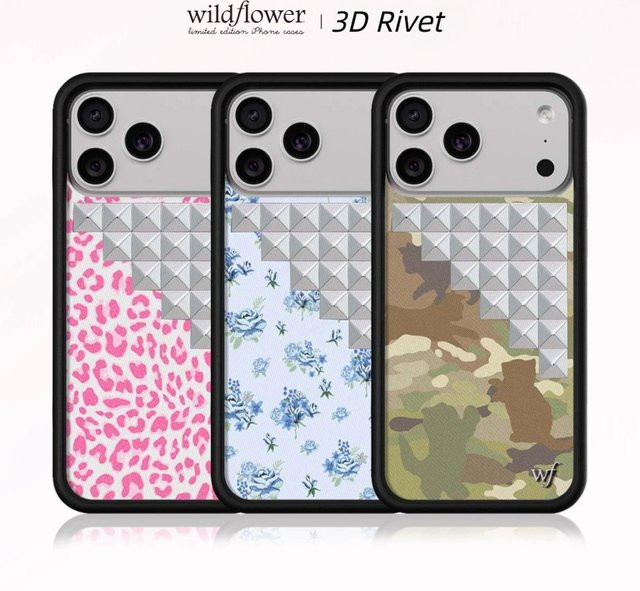 Wildflower 3D Solid-Nieten iPhone Handyhülle mit Leoparden- und Blumenmuster in Multicolour für iPhone 17 16 15 14 13 12 Pro Max Plus - Bild 1