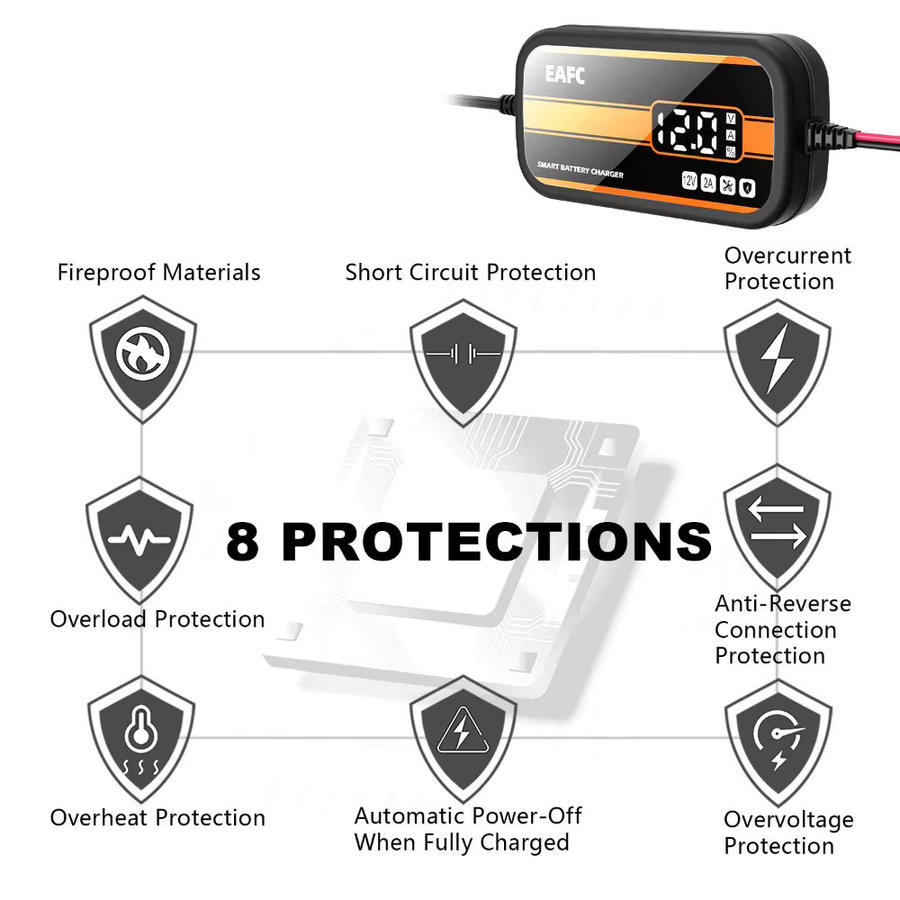 EAFC Intelligentes 12V Auto Batterie Ladegerät mit Digital Display zur Reparatur von Blei-Säure-Batterien für Auto, SUV und Motorrad, Schwarz - Bild 4