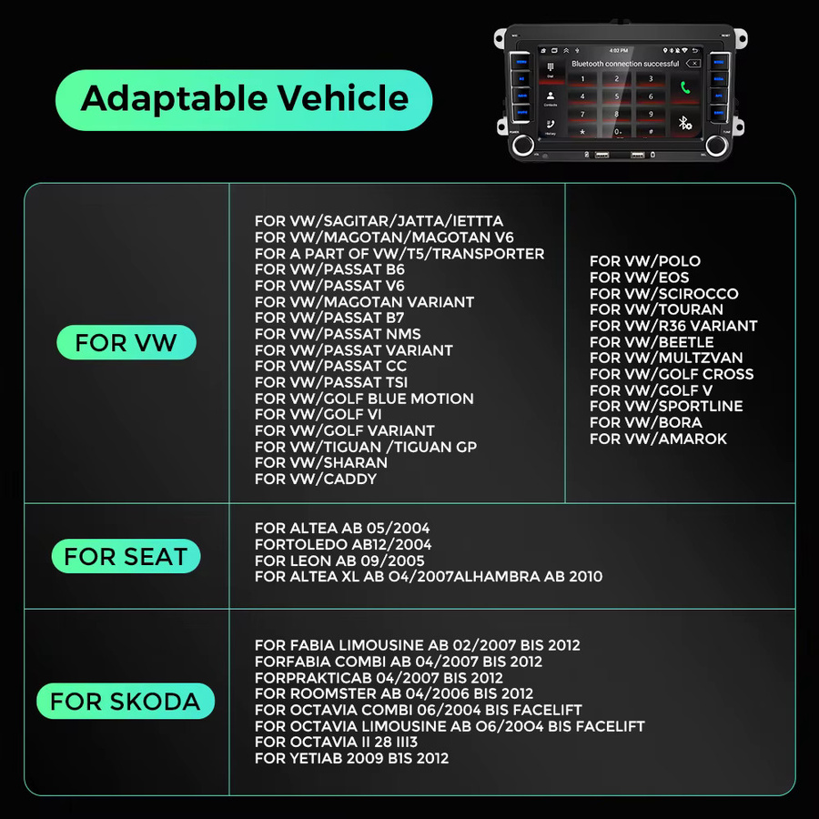 GEARELEC 2 Din Autoradio mit Android 14, Multimedia-Player mit GPS und WiFi, Carplay, Schwarz, passend für Volkswagen Skoda Octavia Golf 5 6 Touran Passat Polo Jetta - Bild 2