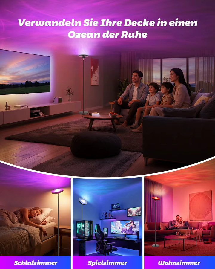 Oraymin RGB Stehlampe mit Wasserwellen-Projektion in Schwarz, dimmbare LED Stehleuchte mit Leselampe und Fernbedienung, Höhe: 175 cm, Breite: 25 cm, Tiefe: 25 cm - Bild 4
