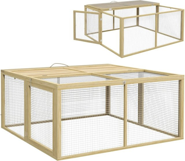 PawHut Kaninchenstall aus Holz mit Freilaufgehege, klappbar, Natur, B/T/H: 120 x 120 x 57 cm - Bild 1