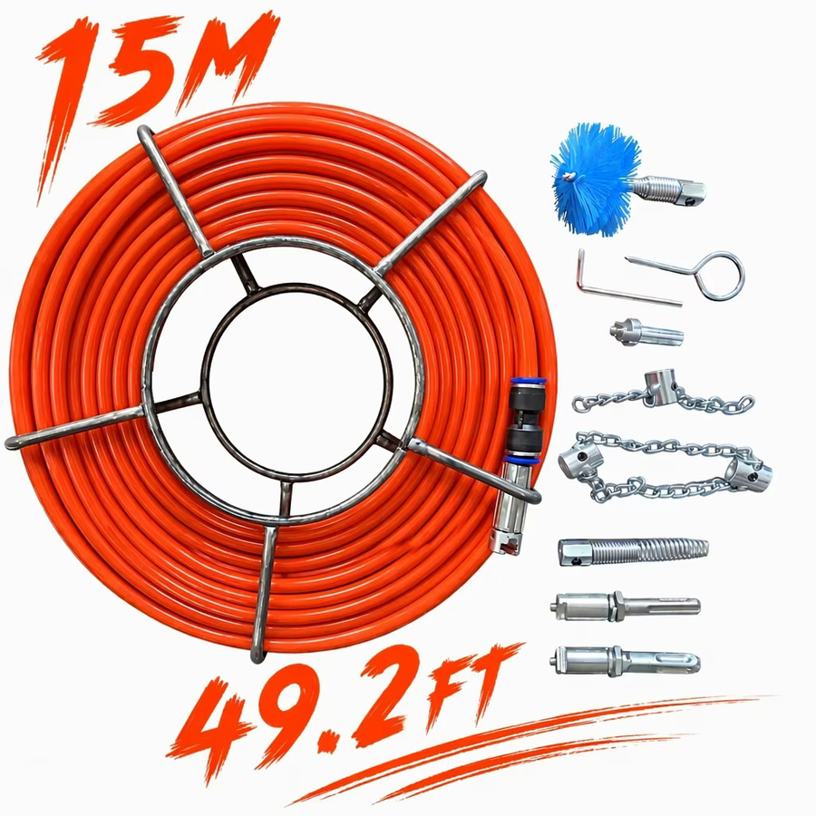 Rohrreinigungsspirale aus 65Mn Stahl mit Metall-Aufbewahrungsrahmen und 3 Adaptern, Orange, 10-20m, Durchmesser: 6mm - Bild 6