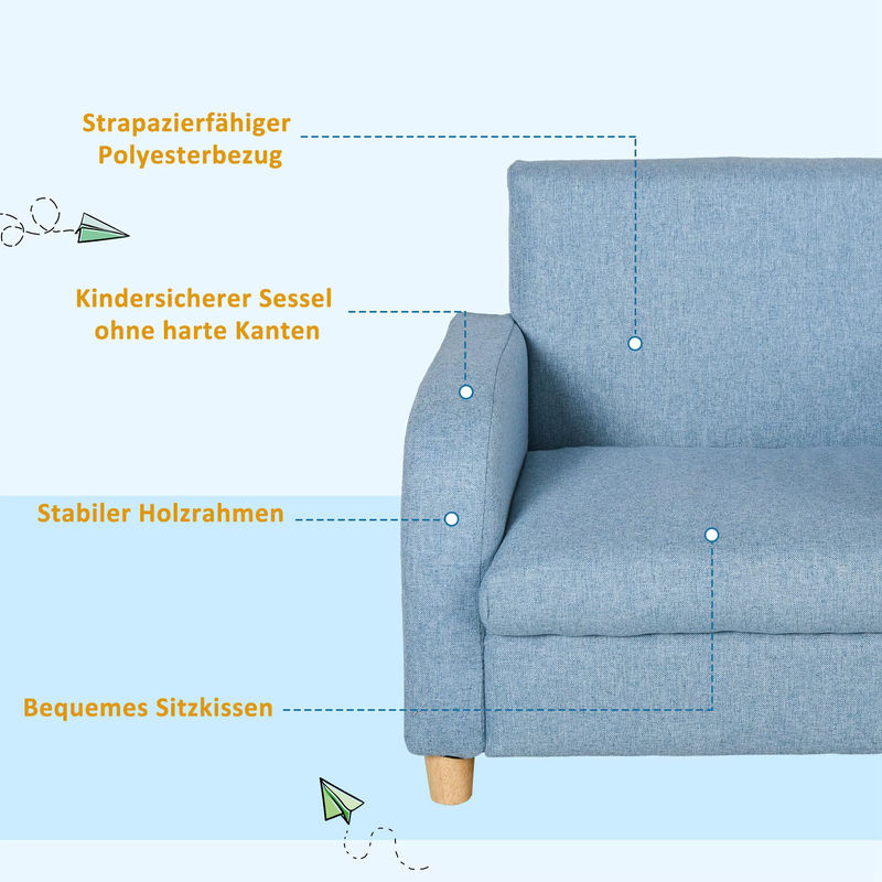 HOMCOM Kindersessel aus Leinen und Schaumstoff mit Holzfüßen in Blau, B/T/H: 49 x 45 x 44,5 cm - Bild 4