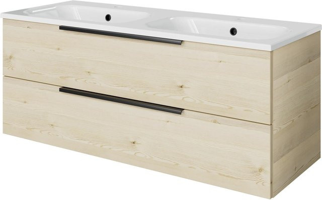 Pelipal Badmöbel-Set Quantum 07 in Polar Pinie mit Doppelwaschtisch aus Mineralmarmor und Unterschrank, Breite: 121 cm, Tiefe: 48 cm, Höhe: 46 cm - Bild 1