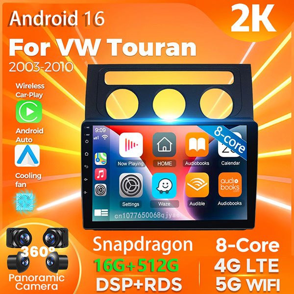 RSNAVI Android 16 Autoradio mit Carplay für VW Touran 2003 - 2010, 2Din Multimedia Stereo Player mit 360 Kamera, Navigation, Video und AI Sprachsteuerung, Schwarz - Bild 1