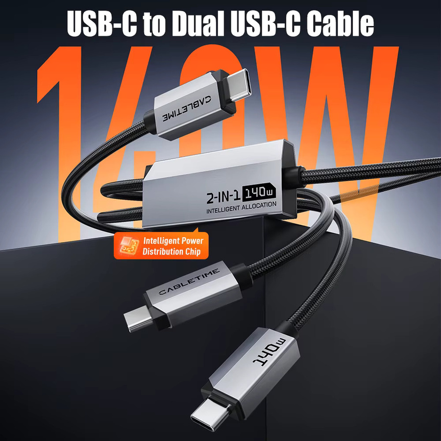CABLETIME 2-in-1 USB-C-Kabel mit Dual-Ausgang, 140W Schnellladung und 480Mbps Datenübertragung für Laptops und iPhone 17 Pro - Bild 2
