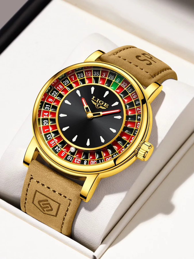 LIGE Armbanduhr Quarz, Lederarmband, Gold, Schwarz, Herren - Bild 7