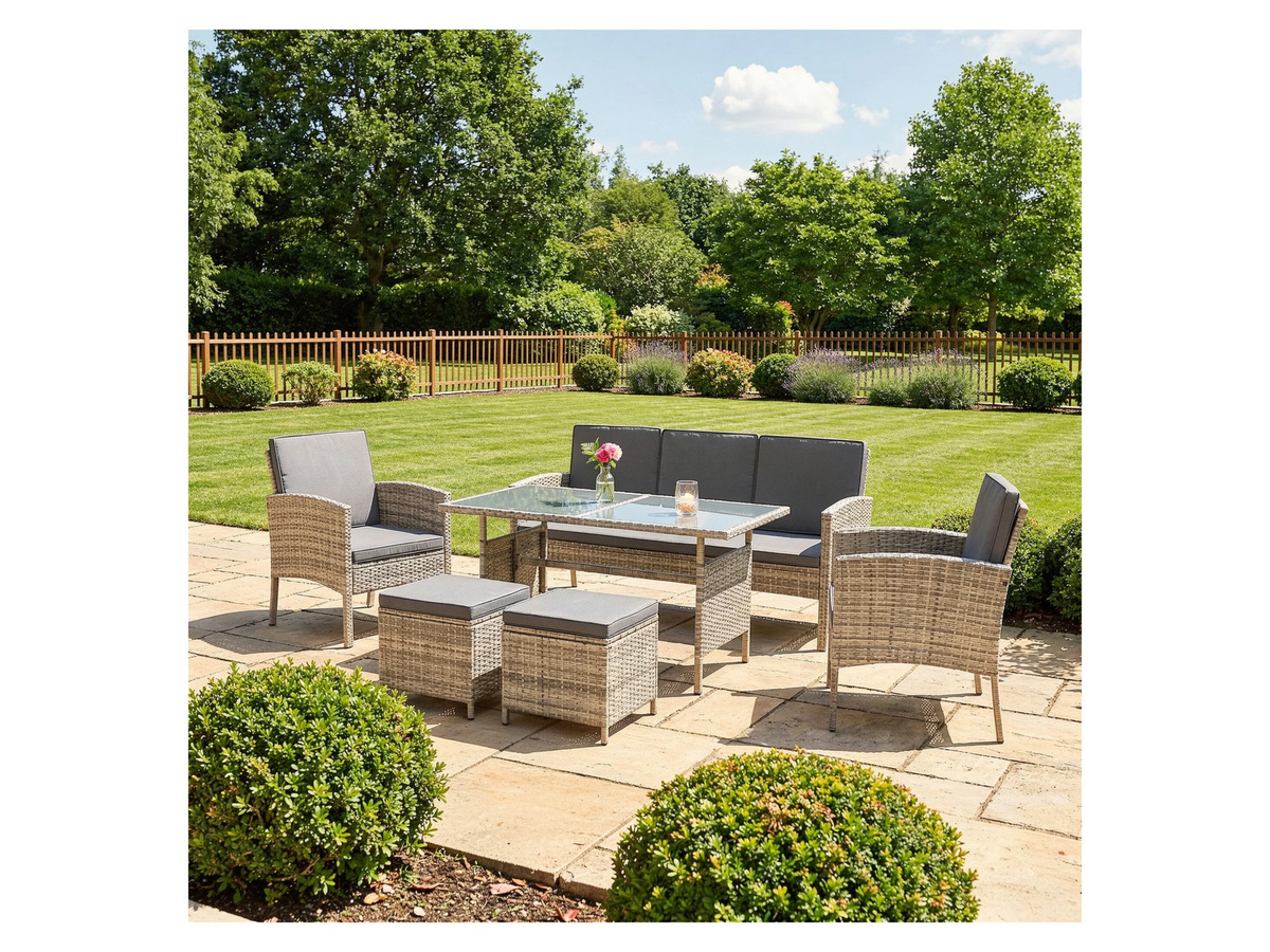 Juskys Polyrattan Gartenmöbel Sitzgruppe Turin Set 6 teilig in Grau Meliert mit Tisch und Polsterung - Bild 2