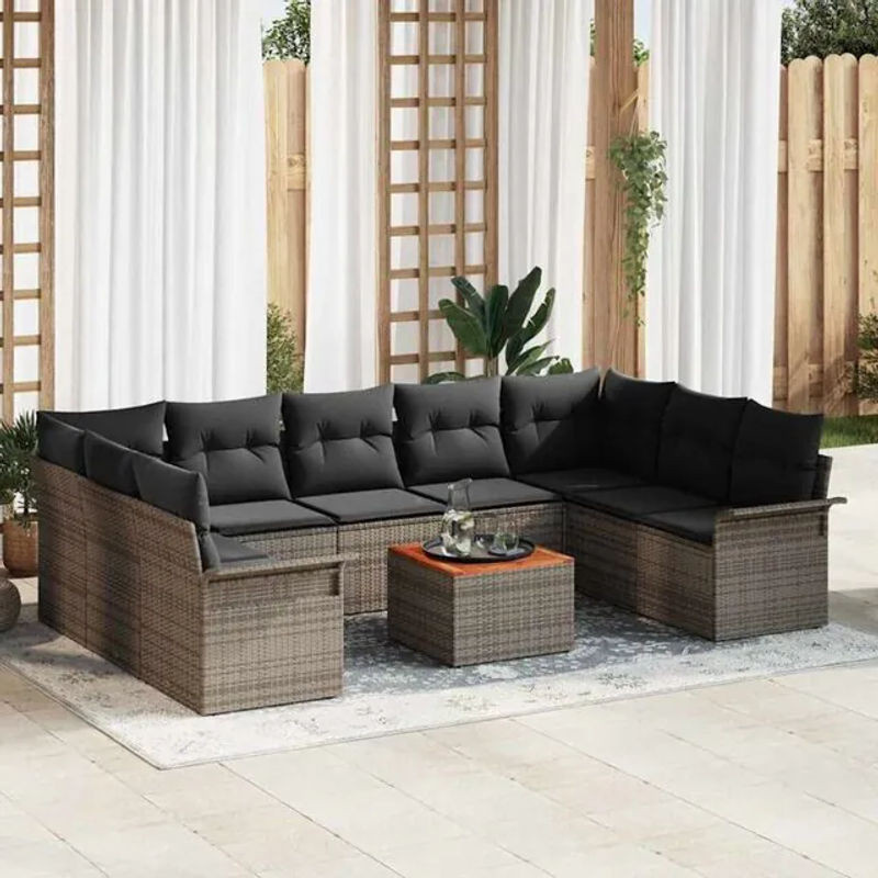 Vidaxl Garten-Sofa-Set mit 10 Kissen aus Rattan und Massivholz in Grau, B/T/H: 55 x 55 x 37 cm - Bild 1