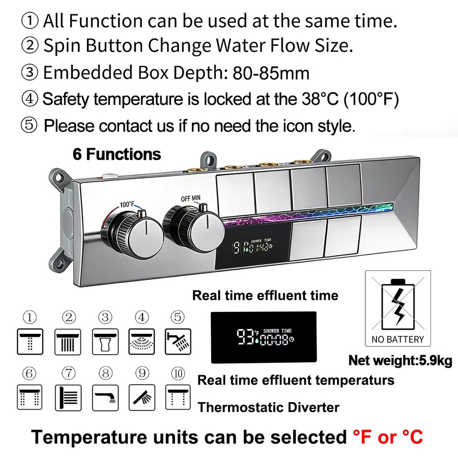 Boen Thermostatischer Duschmischer mit 6 Funktionen und intelligenter Temperaturanzeige aus Messing in Matt Schwarz - Bild 4