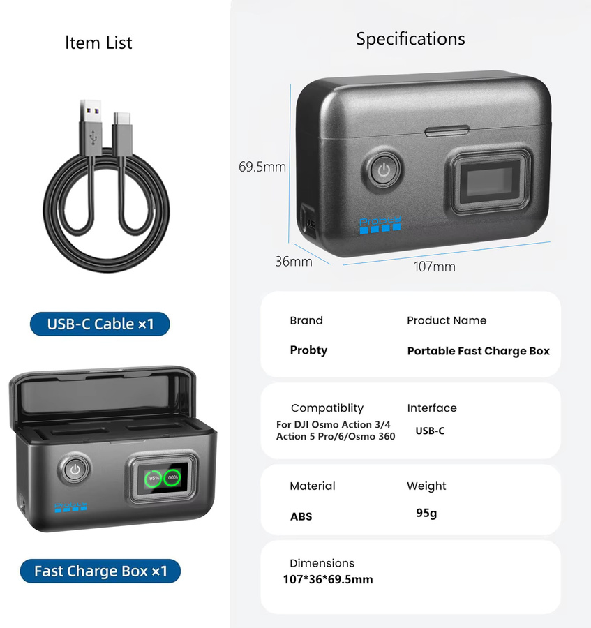 Probty Tragbares Schnellladegerät für DJI OSMO Action 5 Pro, 4 und 3 mit LCD-Display, Ladebox in Grau - Bild 6