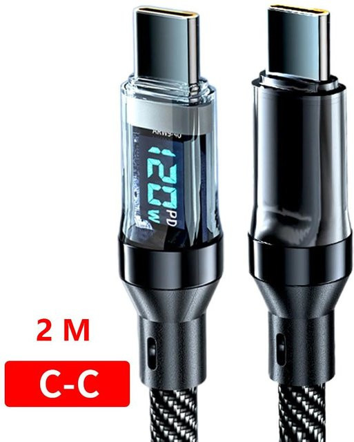 QLY Online USB Typ C auf Typ C Schnellladekabel mit LED-Anzeige, 120W 6A, Länge: 200 cm, Schwarz oder Transparent - Bild 1