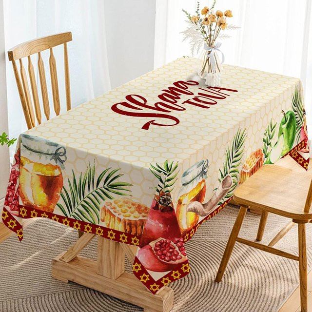 JINGYUE Pet Shana Tova Tischdecke für Rosch Haschana, rechteckig, wasserabweisend, mehrfarbig, B/T: 140 x 140 cm - Bild 1