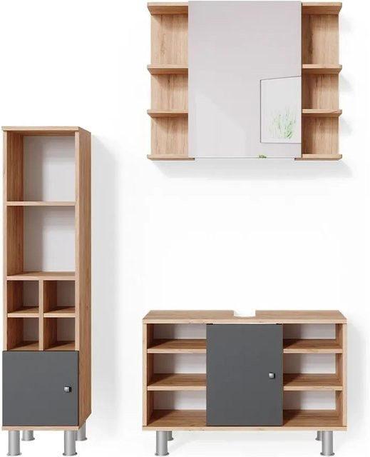 Vicco Badmöbel Set Fynn 3-teilig aus Eiche und Anthrazit mit Spiegelschrank, Waschbeckenunterschrank und Hochschrank - Bild 2