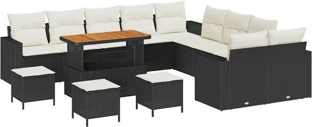 vidaXL Garten-Sofa-Set 14-teilig aus Poly-Rattan und Akazienholz in Schwarz-Creme mit Polstern und Tisch - Bild 1