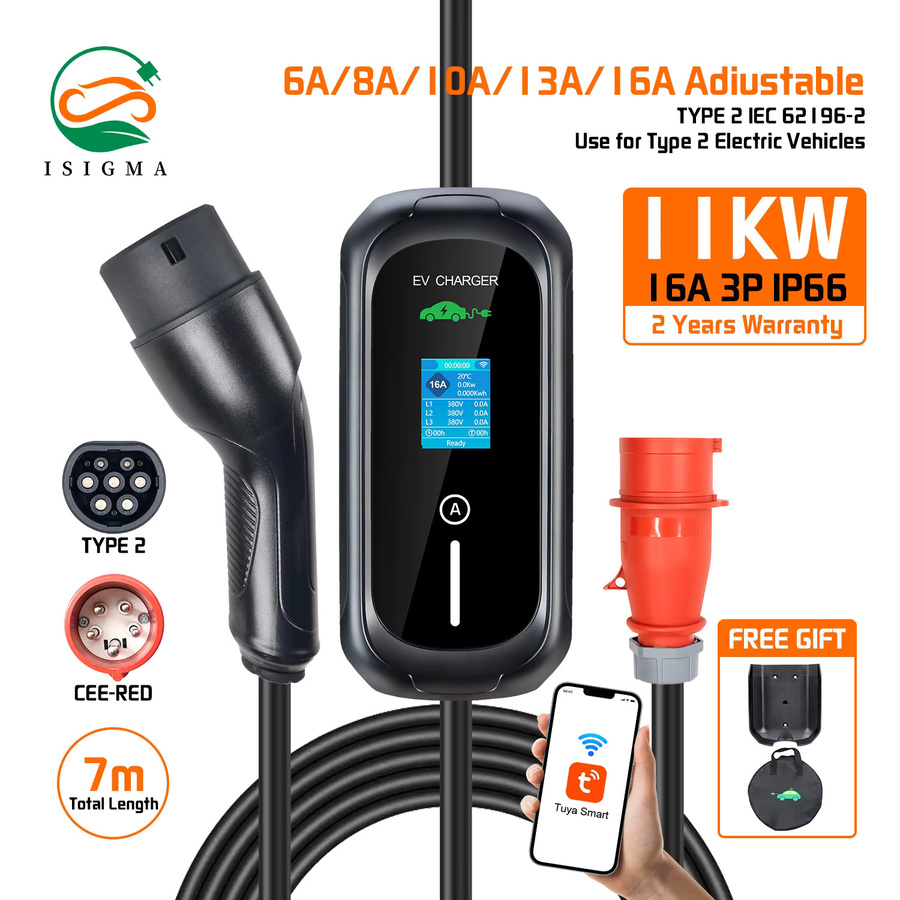 ISIGMA 11KW Typ 2 Tragbares EV-Ladegerät 16A 3P Heimladestation Wallbox mit Tuya App und WLAN in Schwarz - Bild 1