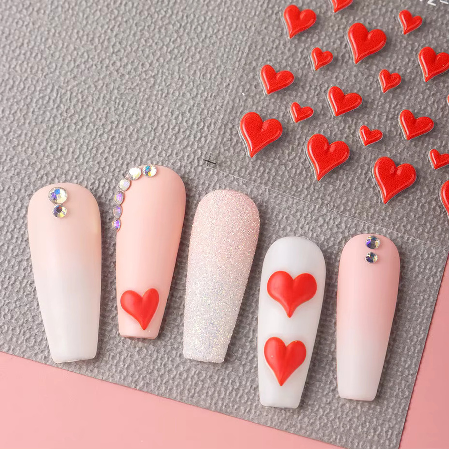 Full Beauty Nail Art Aufkleber, 2 Stück, rosa rote Liebesherzen, 5D geprägt - Bild 2