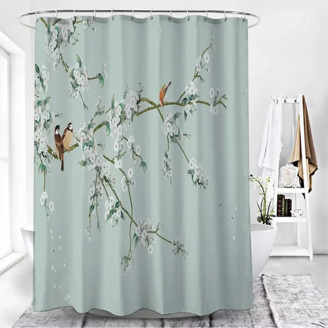 Wasserdichter Duschvorhang mit Blumen- und Vogel-Motiv von Potdemiel in Mehrfarbig, B/H: 180 x 180 cm - Bild 1