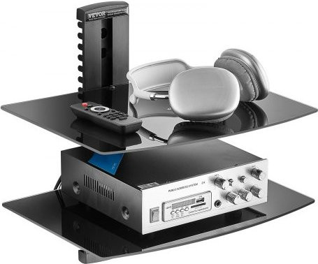 VEVOR Wandregal aus Glas und Aluminiumlegierung in Schwarz, 2-stufiges Floating Entertainment Center für TV-Zubehör, PS4 und DVD-Player, verstellbare Regalböden - Bild 1