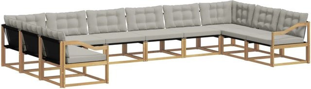 vidaXL Outdoor-Sofagarnitur 10-tlg. in U-Form aus Akazienholz mit Kissen in Weiß und Hellgrau - Bild 1