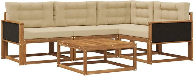 vidaXL Outdoor-Sofagarnitur in L-Form aus massivem Akazienholz mit 5 Kissen in Natur und Beige - Bild 1