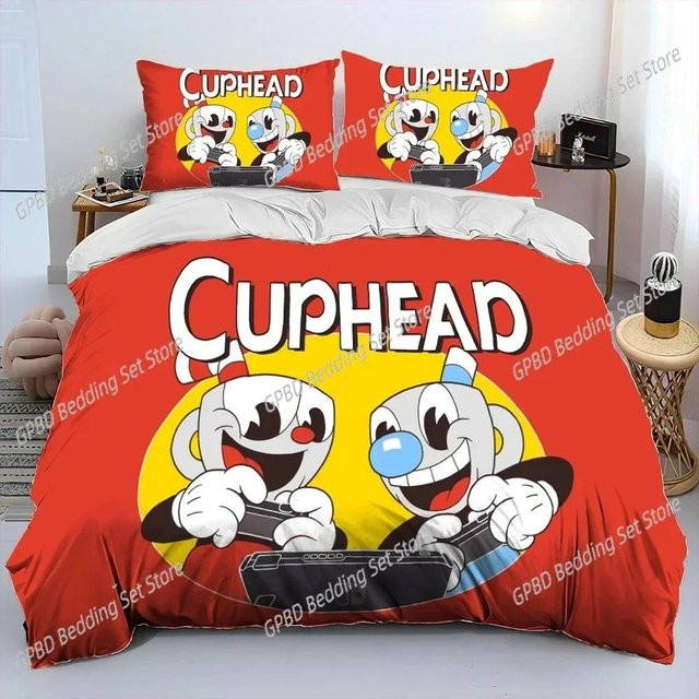 Cuphead und Mugman 3D Bettwäscheset mit Bettbezug und Kissenbezug, rot, B/H: 140 x 210 cm - Bild 1