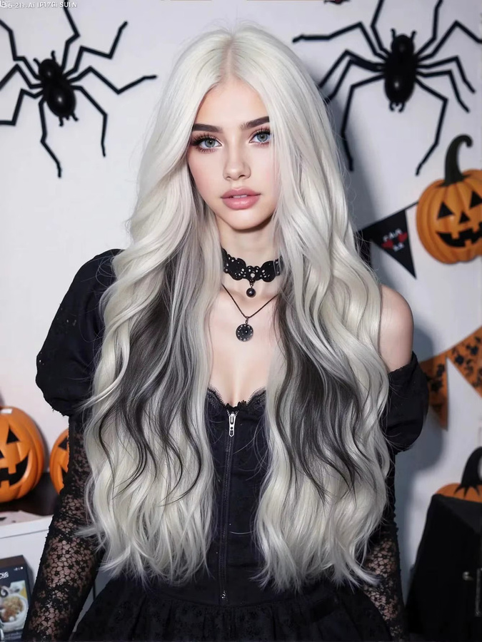 TINY LANA Perücke, lange lockige Synthetik-Haare, Silber Weiß Schwarz, Damen - Bild 3