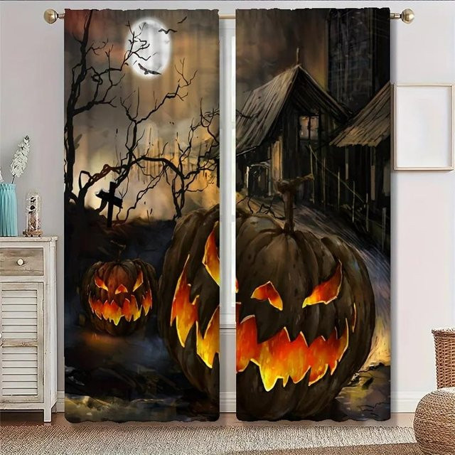 Yiran Furniture Halloween Vorhänge Schwarzer Magischer Wald mit Kürbisprint, Farbe Schwarz und Mehrfarbig, B: 55 cm, H: 120 cm - Bild 1