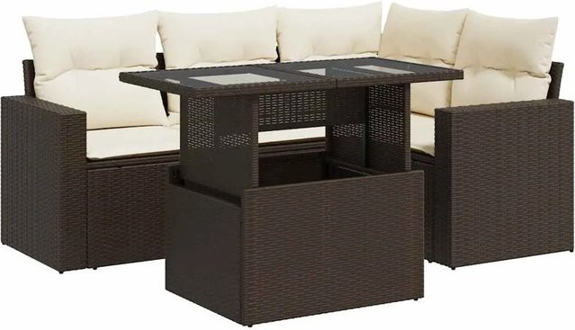 vidaXL 5-tlg Garten-Sofagarnitur in L-Form mit Kissen und Couchtisch, Braun/Weiß, Poly Rattan und Metallgestell - Bild 1