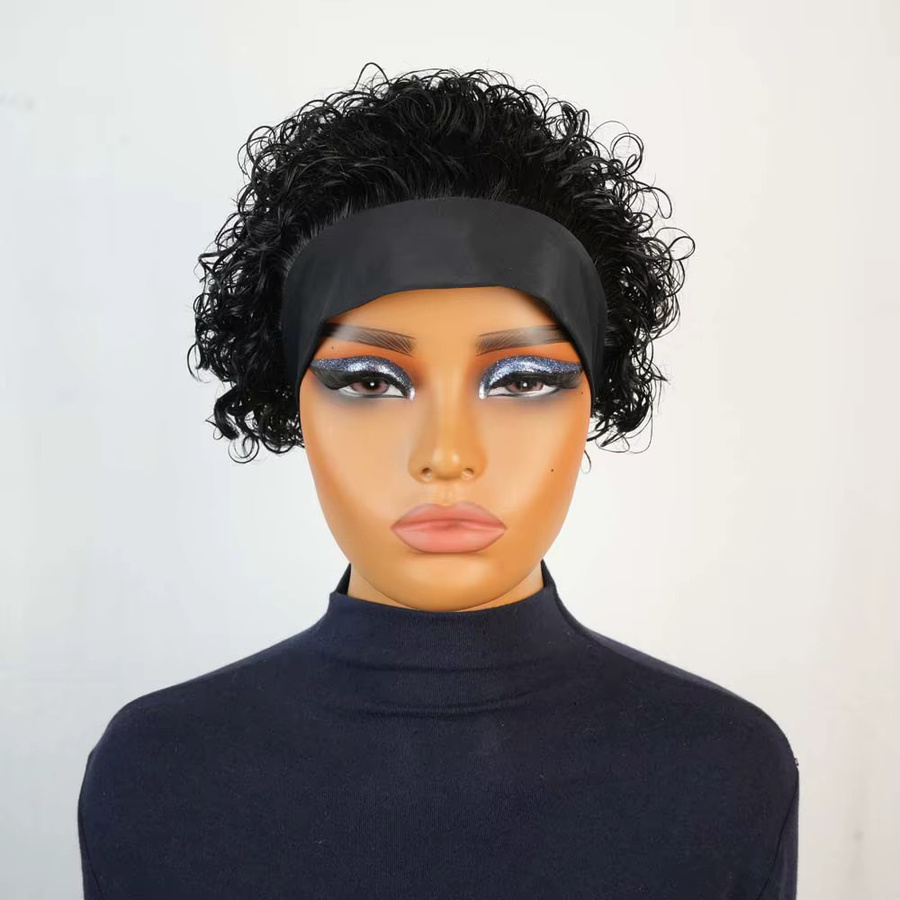 OYM HAIR Stirnband-Perücke, Pixie-Schnitt, kurze lockige Remy-Echthaar-Perücke, Schwarz - Bild 2