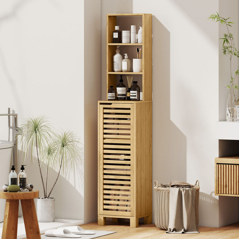 HOMCOM Badezimmerschrank aus Bambus mit Lamellentür und verstellbaren Regalen, schmaler Hochschrank für Badezimmer und Wohnzimmer, Natur, B/T/H: 34 x 30 x 170 cm - Bild 2