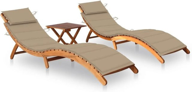 vidaXL Sonnenliegen Set aus 2 Stück mit Tisch und beigen Auflagen aus Akazien-Massivholz - Bild 1