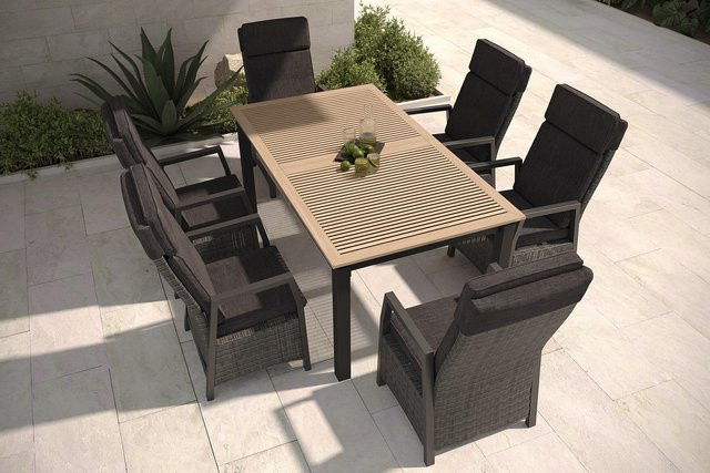 OUTFLEXX Nova Garten-Essgruppe aus Aluminium, Polyrattan und Teakholz in Anthrazit/Grau mit ausziehbarem Tisch und 6 Sesseln mit verstellbarer Rückenlehne, Tisch B: 180 bis 240 cm, B: 100 cm, H: 75 cm - Bild 1