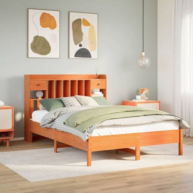 Massivholzbett aus Kiefer mit Regal von Vidaxl in Braun, B/T/H: 160 x 200 x 110 cm - Bild 1