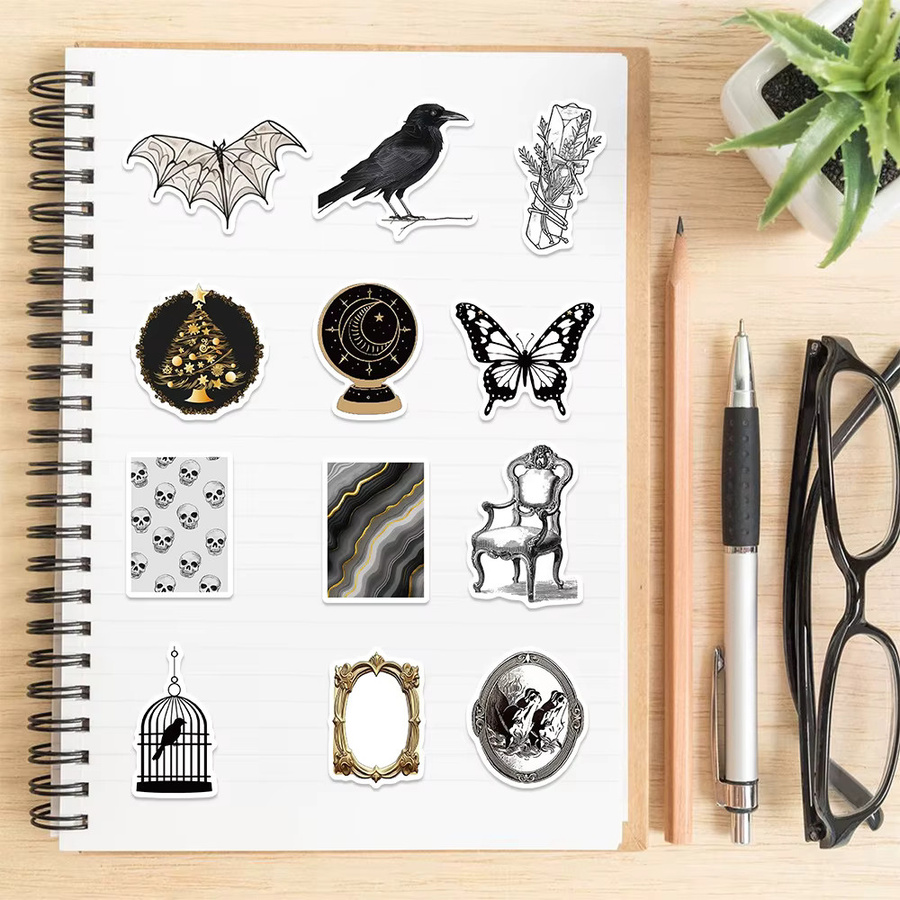 50 oder 100 Stück Gothic Aufkleber in Schwarz und Gold für DIY Dekoration von Gitarre, Gepäck und Notebook, wasserfeste Schreibwaren-Aufkleber - Bild 4